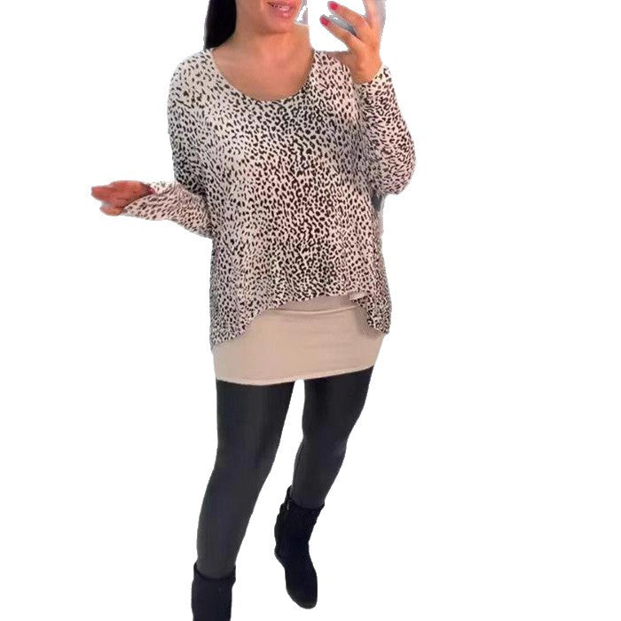 Women loose-fitting tunic long sleeve with leopard print, rounded hem and layered look StylebySassy