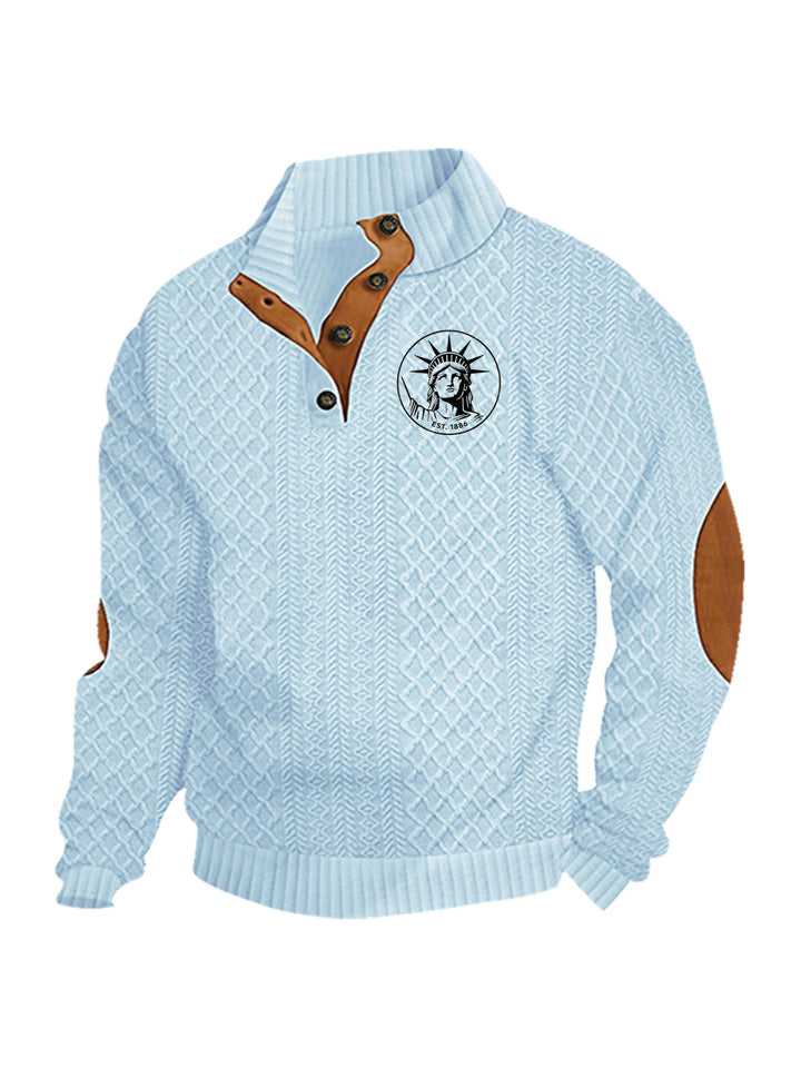 Men's nan Heritage textured pullover with stand-up collar faux leather trim elbow patches and half-button placket StylebySassy