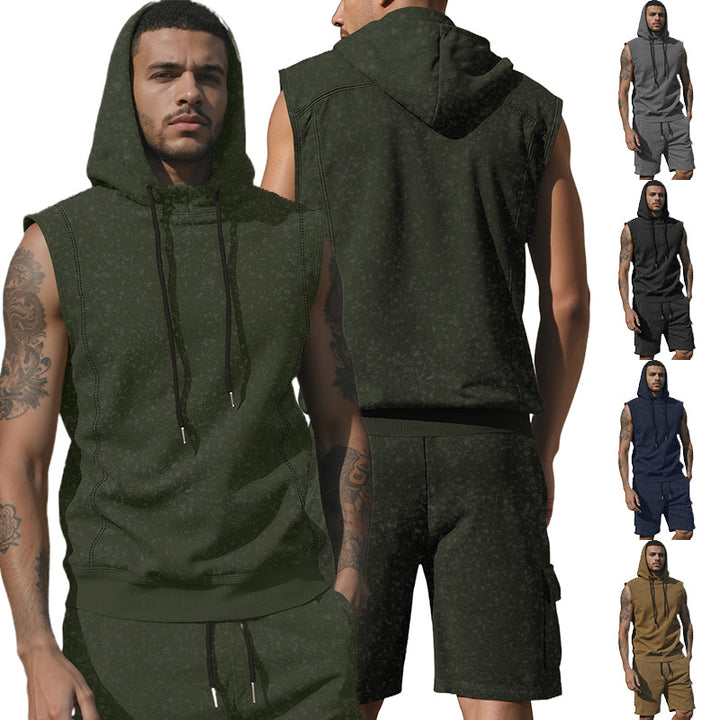 Men's Hooded Muscle Shirt Set with Functional Cargo Bermuda StylebySassy