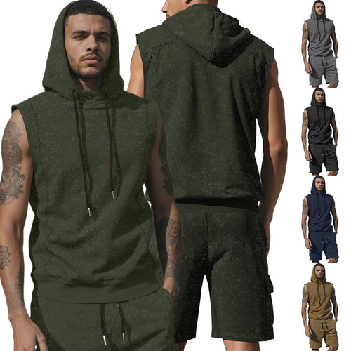 Men's Hooded Muscle Shirt Set with Functional Cargo Bermuda StylebySassy