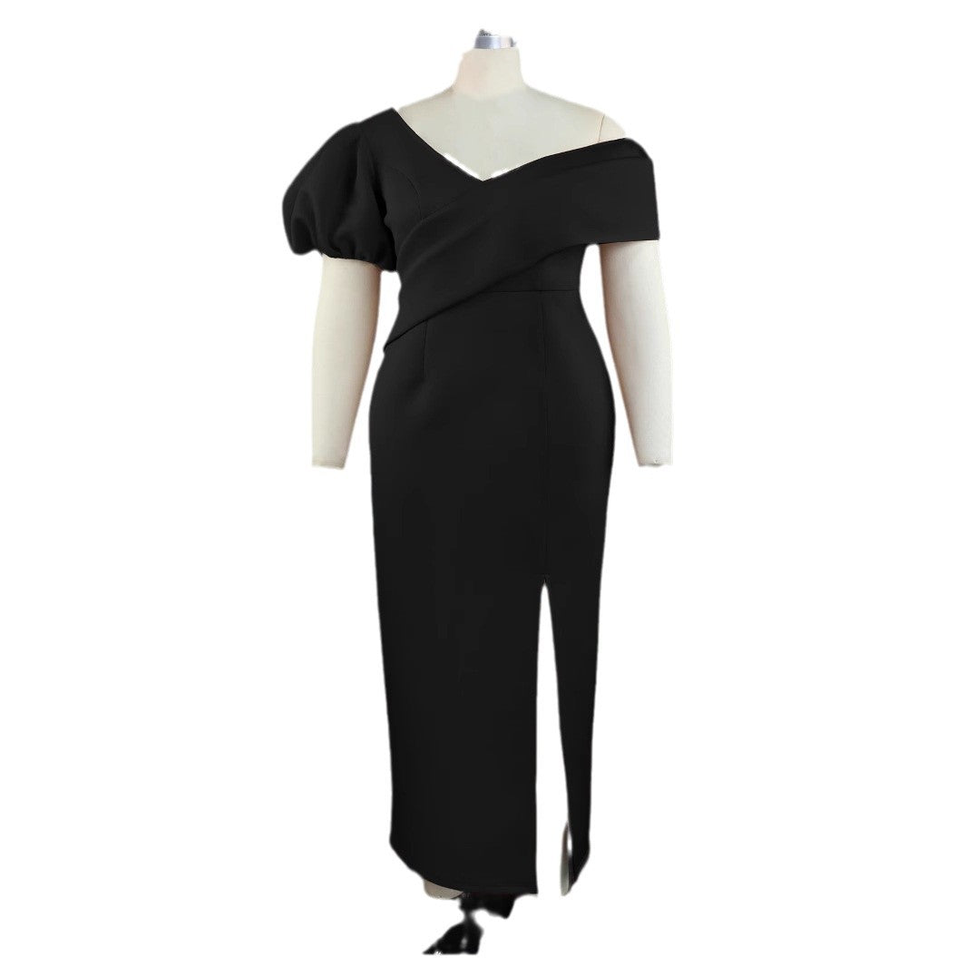 Women Elegant, figure-hugging evening dress with asymmetrical neckline and puff sleeves StylebySassy