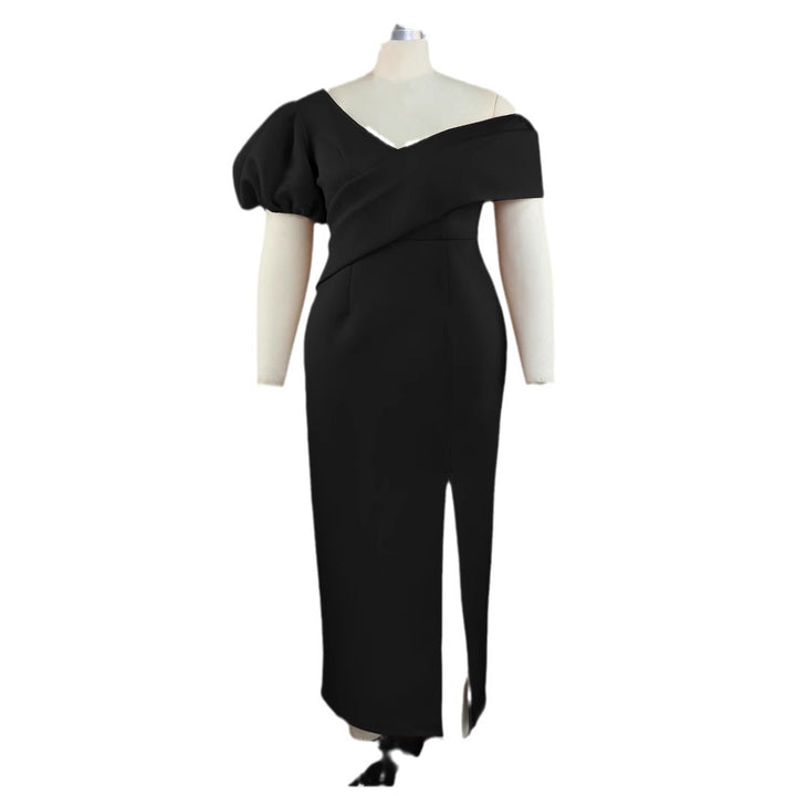 Women Elegant, figure-hugging evening dress with asymmetrical neckline and puff sleeves StylebySassy