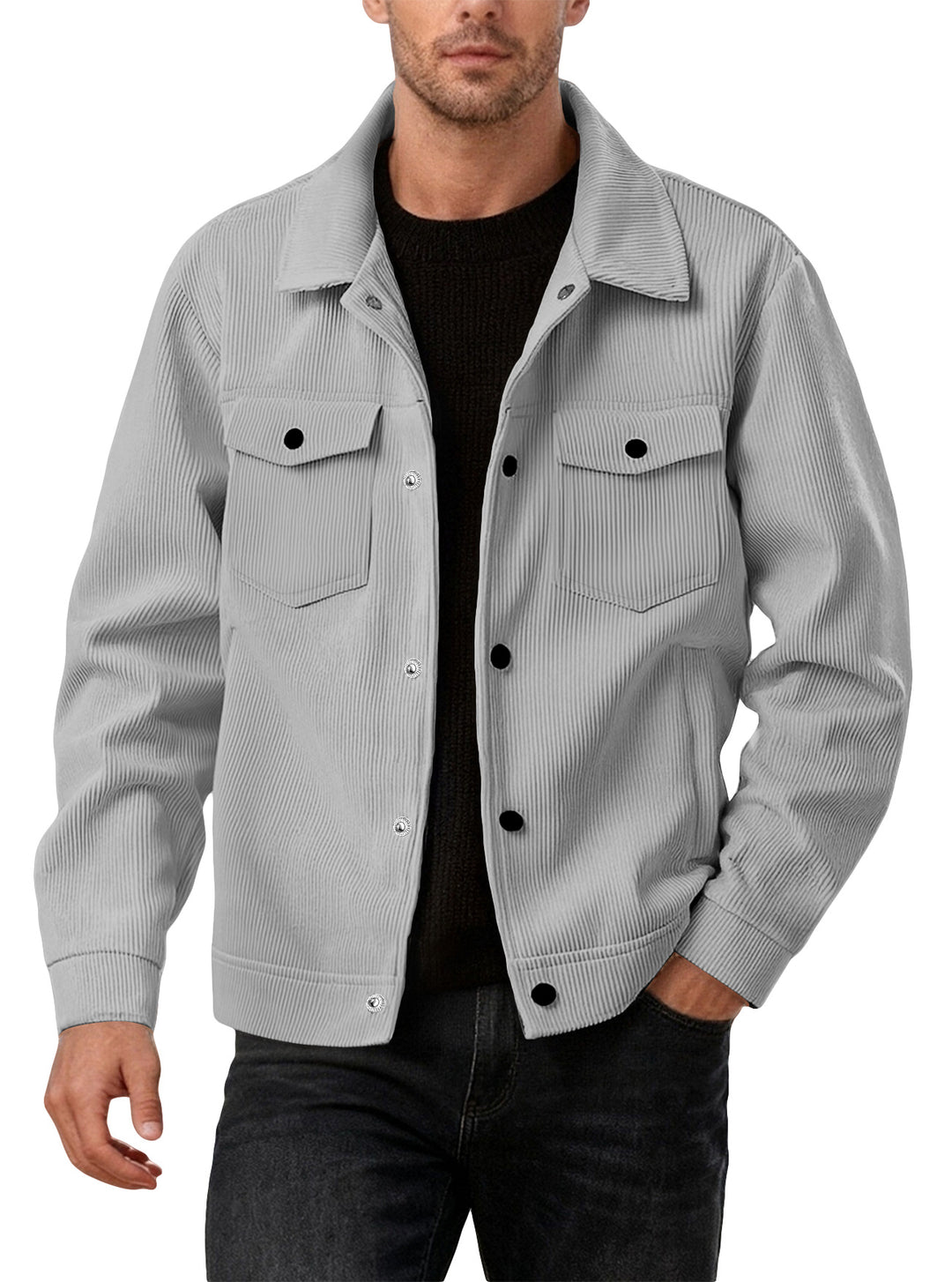 Men's cord jacket in the classic work jacket style with snap buttons and chest pockets StylebySassy
