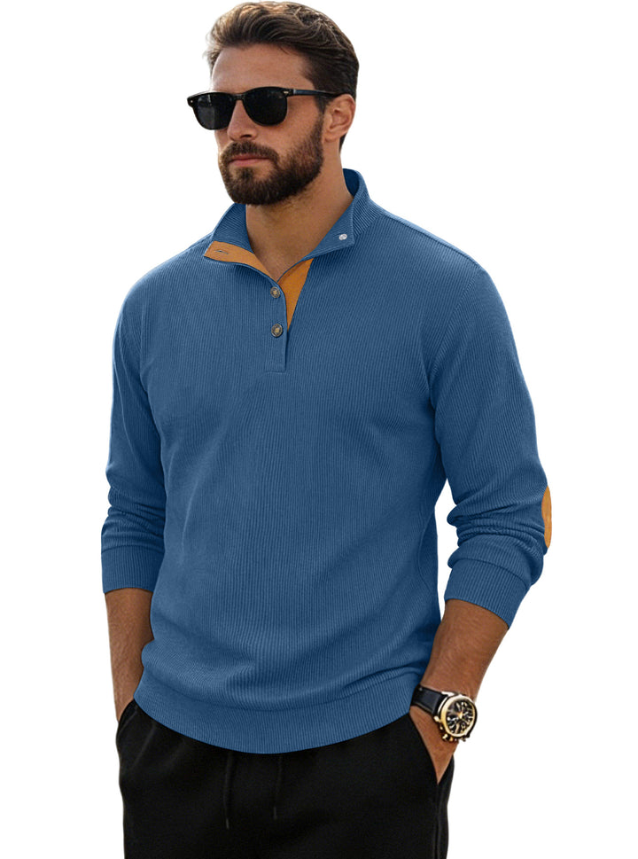 Men's fine ribbed knitted pullover with polo collar button placket and elbow patch StylebySassy