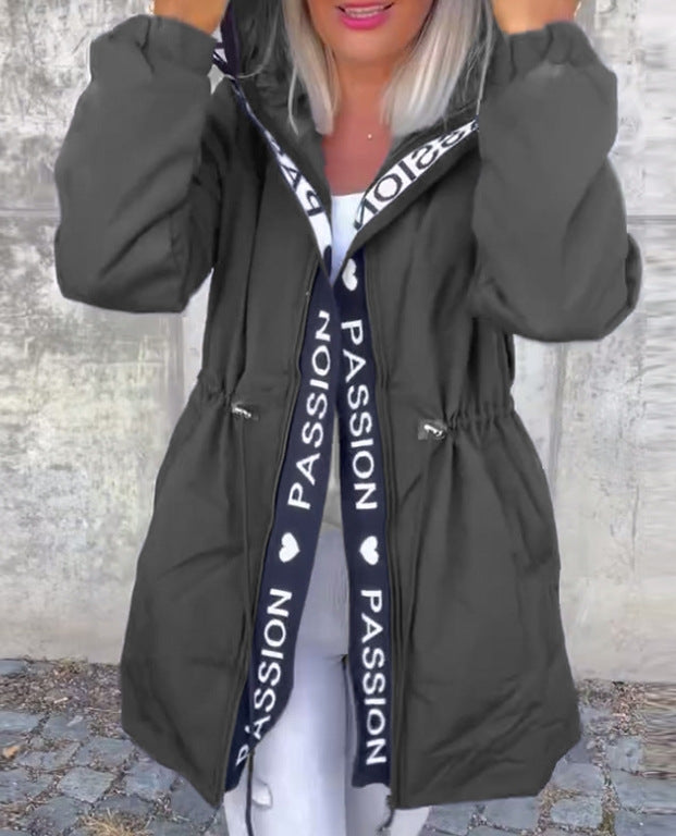 Women's Hooded Parka with Drawstring Waist and Logo Band Zipper StylebySassy