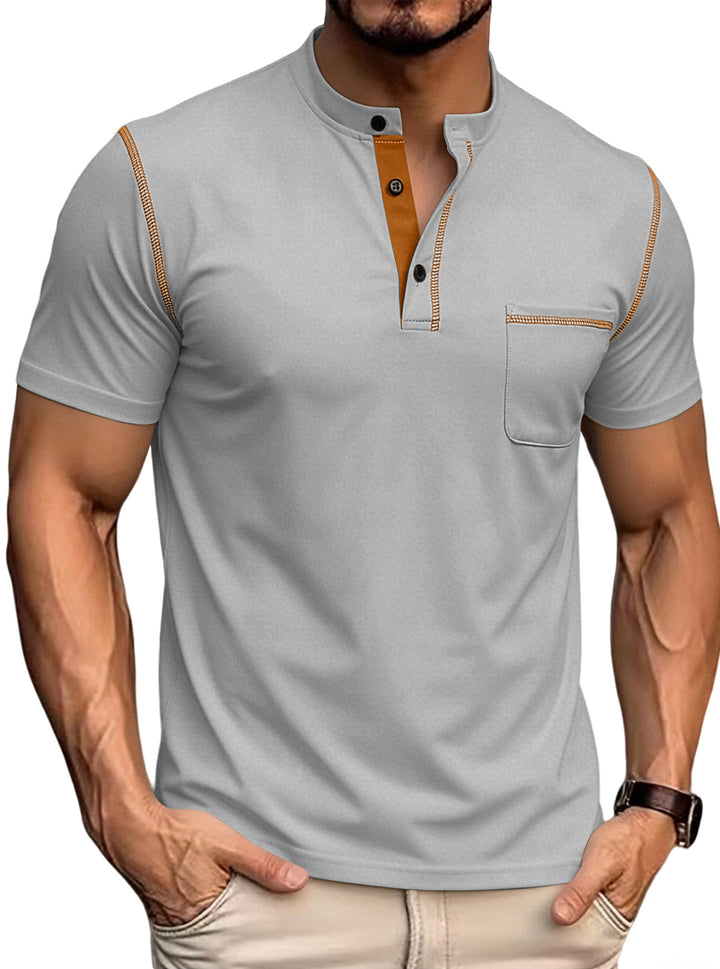 Men's short-sleeved Henley shirt with stand-up collar, chest pocket, and contrasting decorative stitching StylebySassy