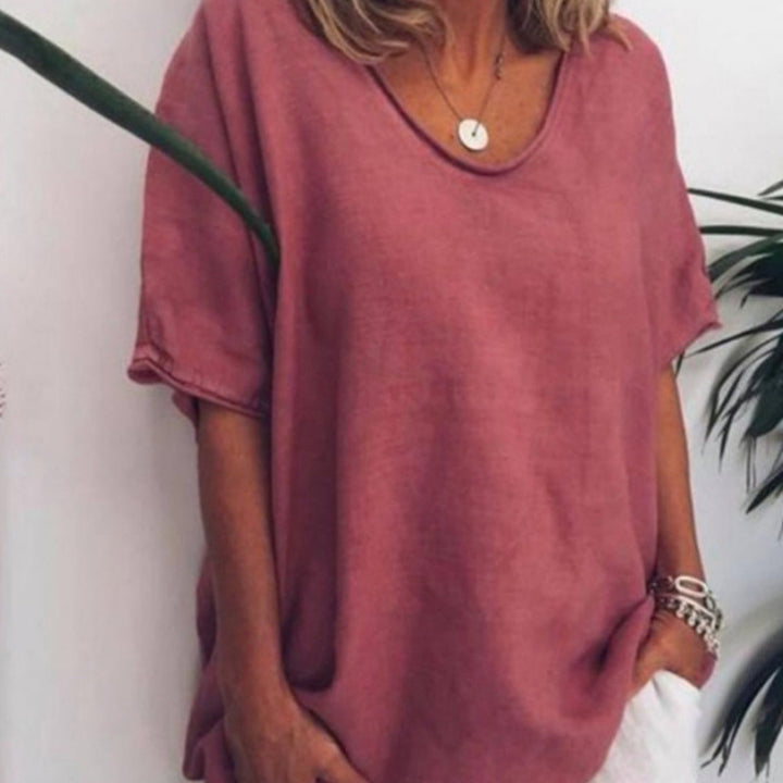 Women's loose linen blend tunic with dropped shoulder and rounded hem StylebySassy