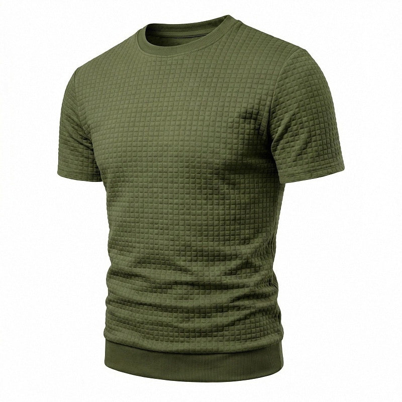 Men's short-sleeved knit shirt with embossed check structure, round neckline, and ribbed hem StylebySassy