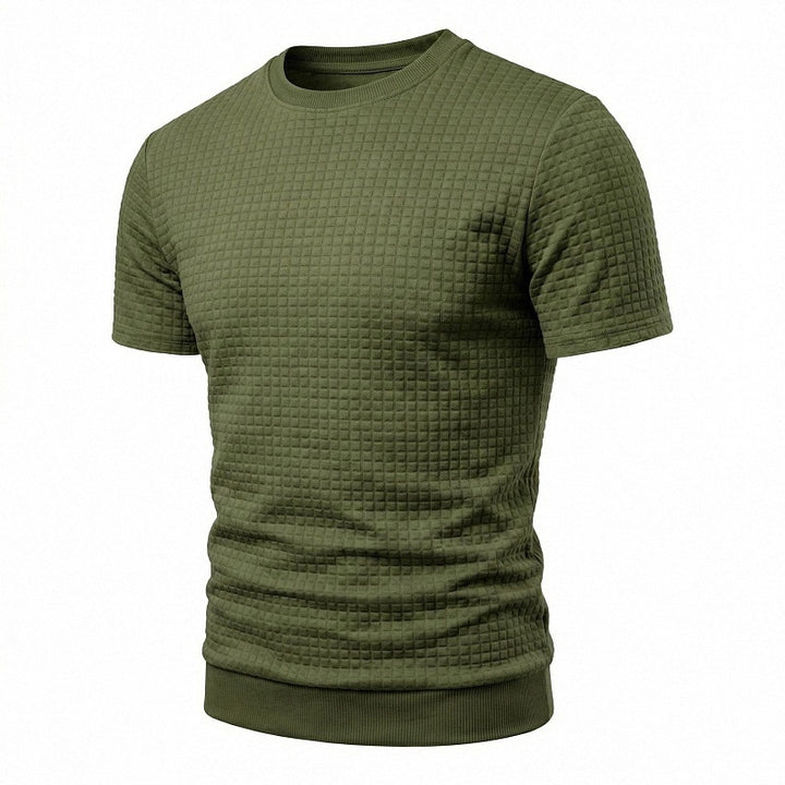Men's short-sleeved knit shirt with embossed check structure, round neckline, and ribbed hem StylebySassy