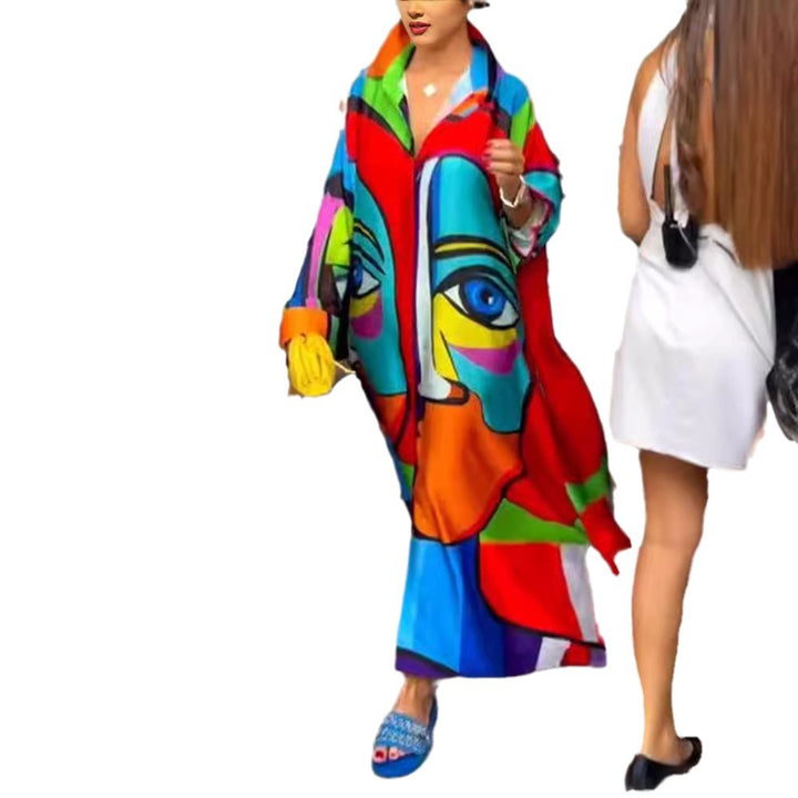 Women's oversized shirt kaftan with abstract portrait print and shirt collar StylebySassy