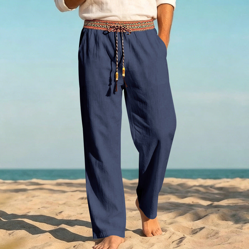 Men's summer relaxed pants with woven decorative waistband and straight leg StylebySassy
