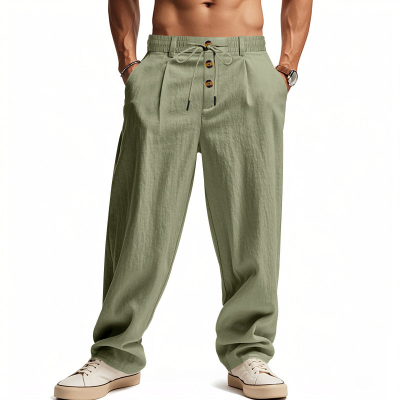 Men's casual pleated pants in linen look with elastic tunnel drawstring, decorative button placket, and deep side pockets StylebySassy