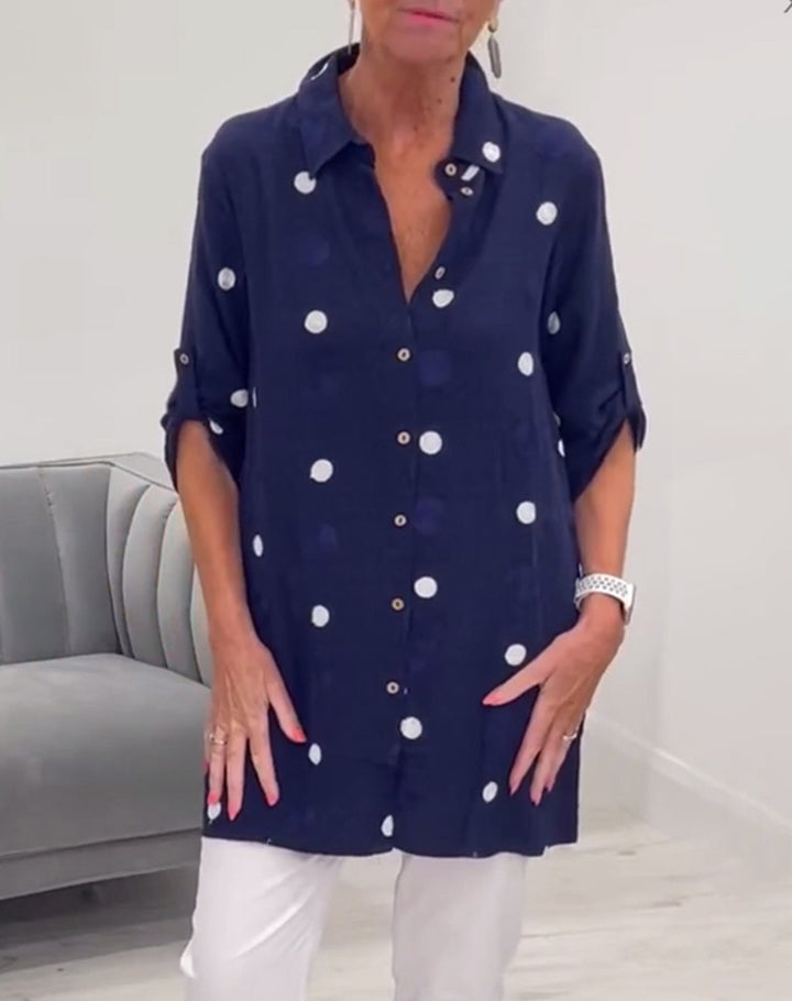 Women's light shirt-tunic with polka dot pattern, rolled sleeves, and wooden buttons StylebySassy