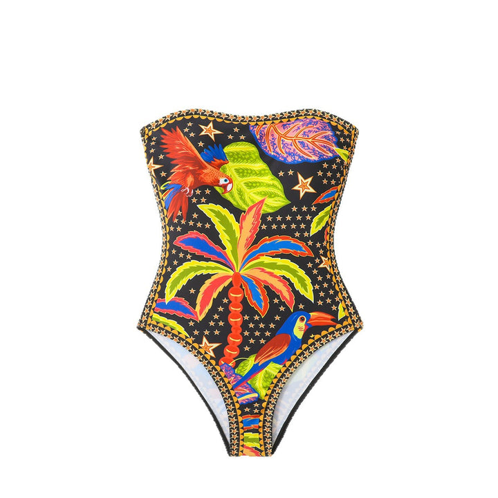 Women's One-Piece Swimsuit with Tropical Pattern and Deep Neckline StylebySassy