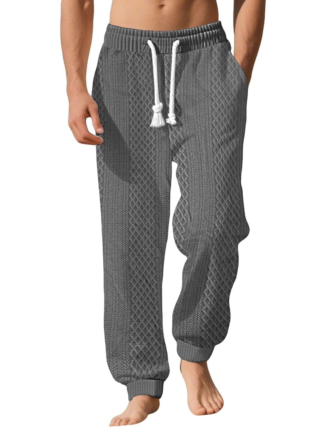 Men's knitted comfort pants with cable structure, elastic waistband, drawstring, and side pockets StylebySassy
