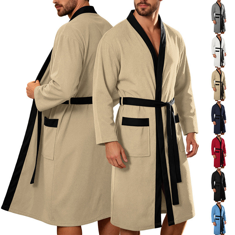 Men's lightweight cotton kimono bathrobe with waffle texture and patch pockets StylebySassy