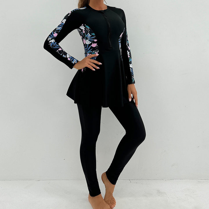 Women's Sporty Long Sleeve Swimming Suit with Flattering Skirt StylebySassy