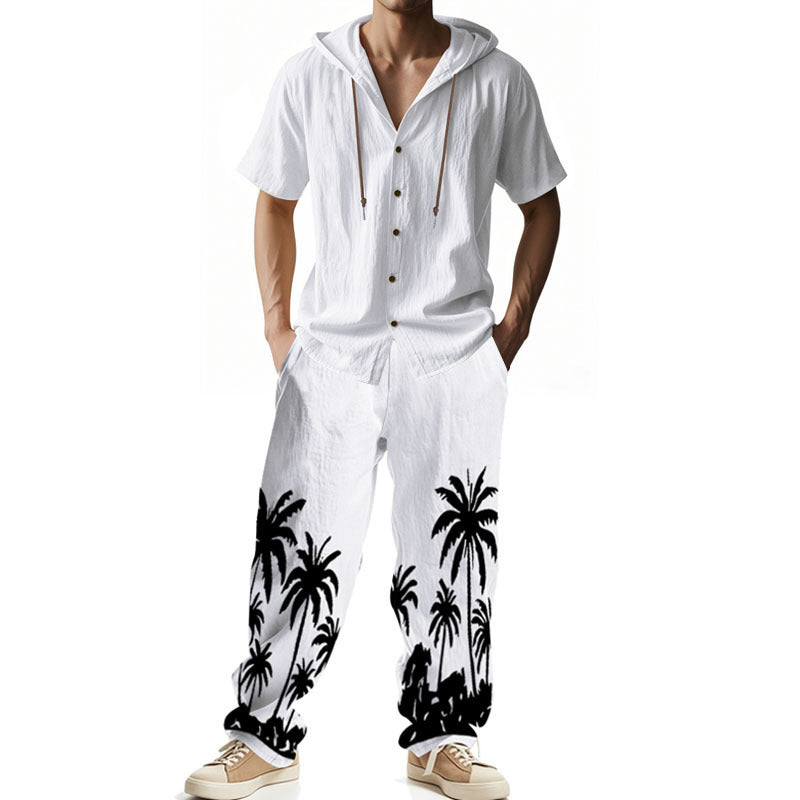 Men's casual summer ensemble with hoodie and wide palm motif pants StylebySassy