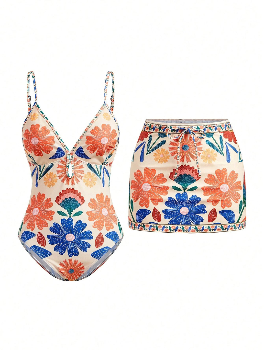 Women's Floral Pattern Swimsuit with Matching Skirt StylebySassy