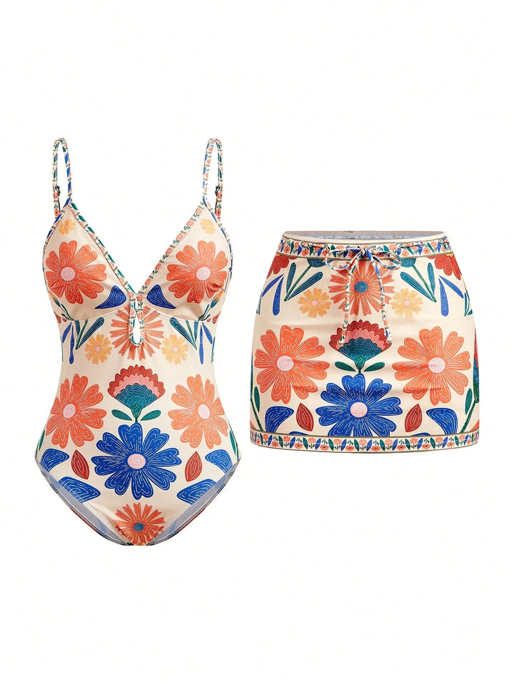 Women's Floral Pattern Swimsuit with Matching Skirt StylebySassy