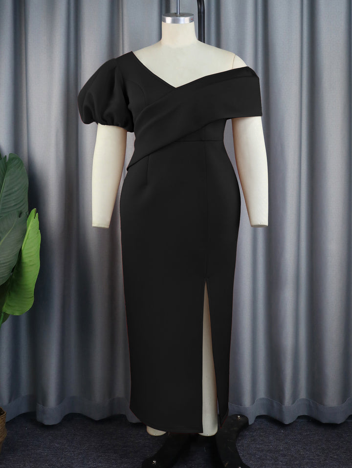 Women Elegant, figure-hugging evening dress with asymmetrical neckline and puff sleeves StylebySassy
