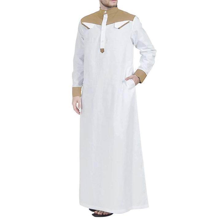Men's long thobe with contrasting shoulder yoke, stand collar, and side pockets StylebySassy