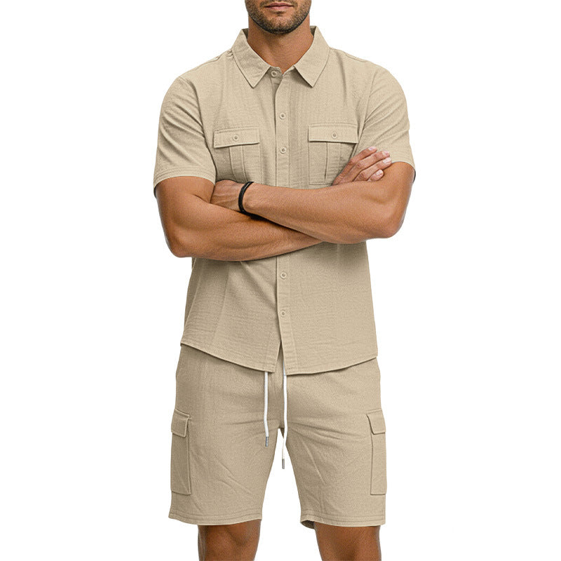 Men's summer short-sleeve shirt and cargo bermuda set made of linen blend with chest pockets and drawstring waistband StylebySassy