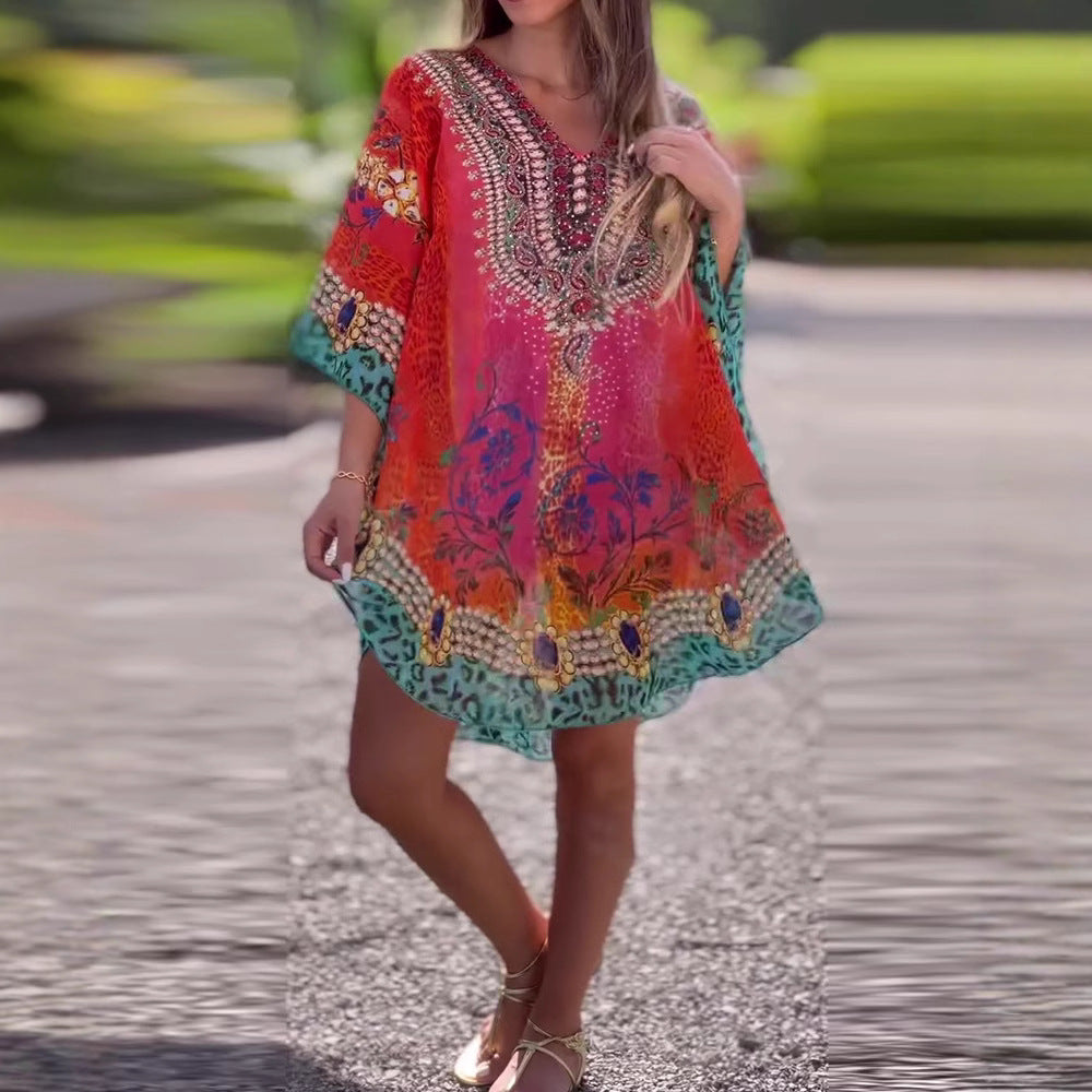 Women's short tunic kaftan with embellished V-neck and floral-animal border StylebySassy