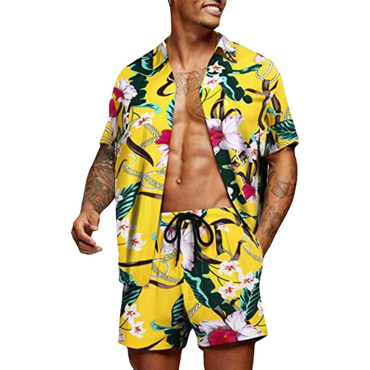 Men's tropical short sleeve shirt and swim shorts set with lapel collar, drawstring, and practical side pockets StylebySassy