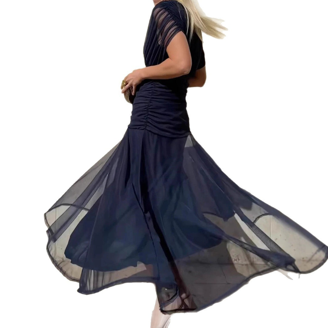 Ladies elegant floor-length evening dress with draped shoulder area and airy chiffon skirt StylebySassy