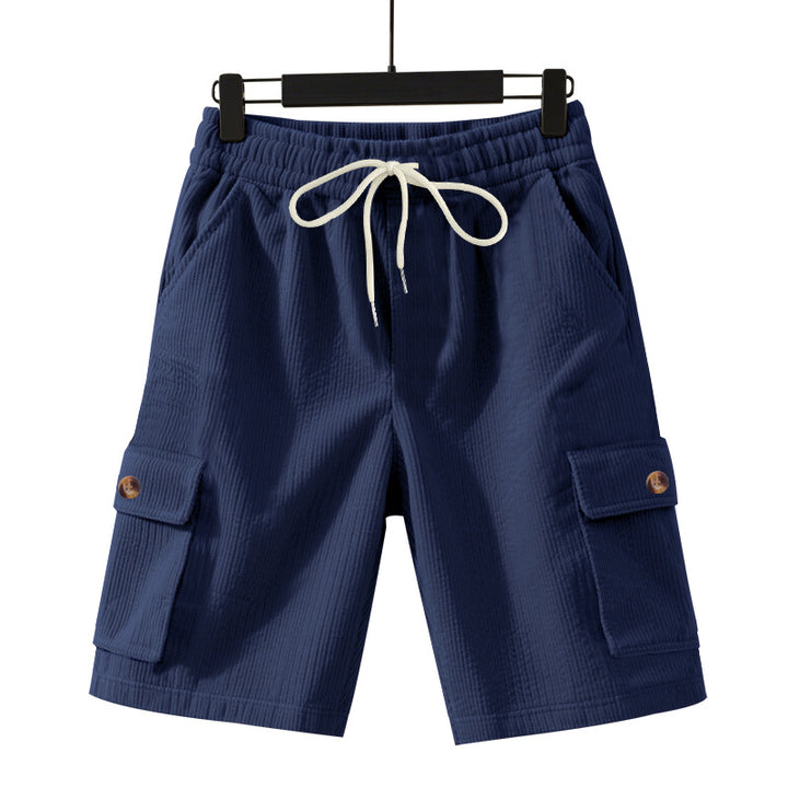 Men's cord cargo shorts with elastic drawstring waistband, patch cargo pockets, and soft cotton blend StylebySassy