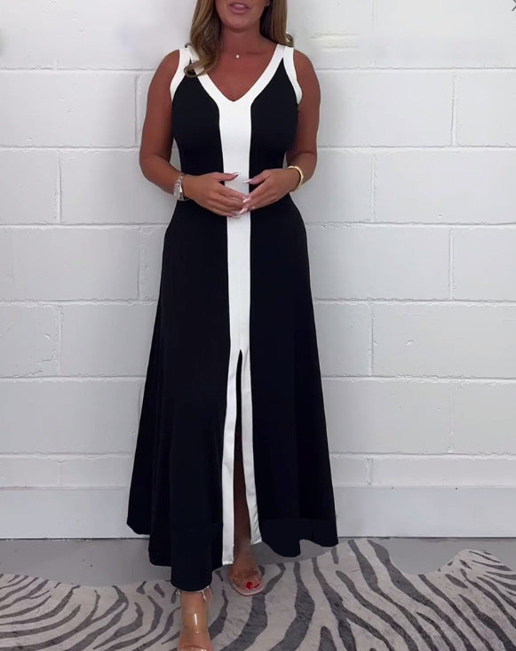 Women's tailored V-neck train dress with contrasting center yoke and central front slit StylebySassy