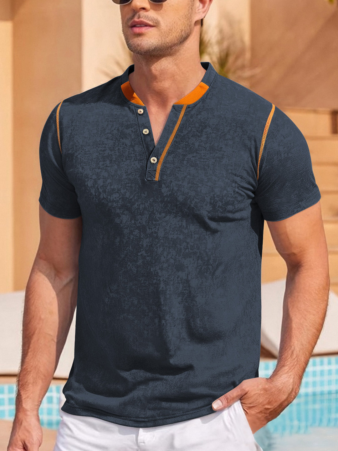 Men's casual short sleeve Grandad shirt with short button placket, contrast piping and washed soft structure StylebySassy