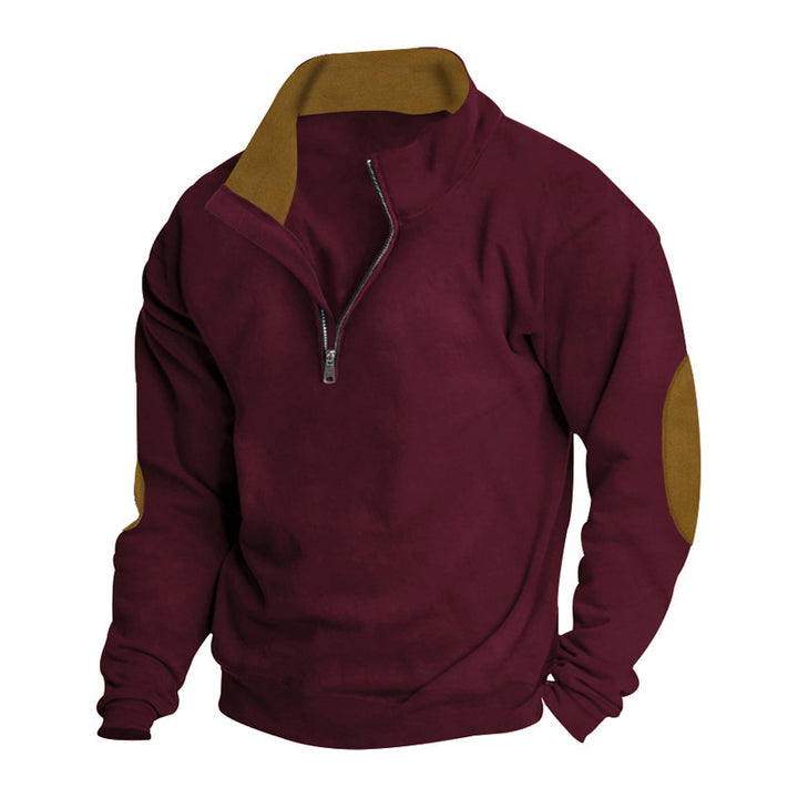 Men's short zip stand collar sweater with contrast collar and suede elbow patches StylebySassy