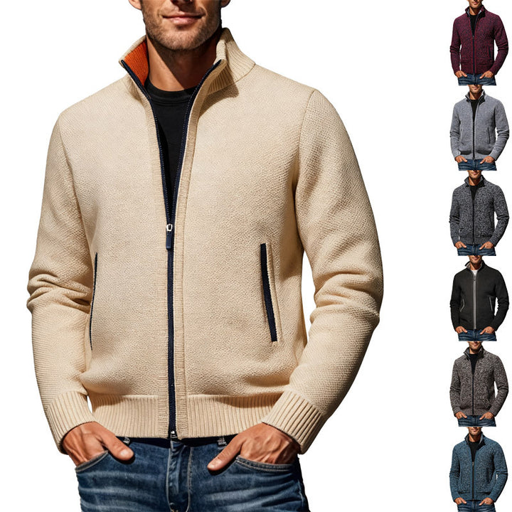 Men's knitted bomber jacket with stand-up collar and two-way zipper StylebySassy
