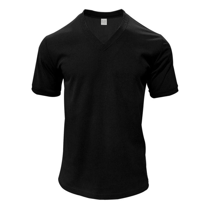 Men's structured V-neck ribbed jersey shirt with short sleeves and a slim fit StylebySassy