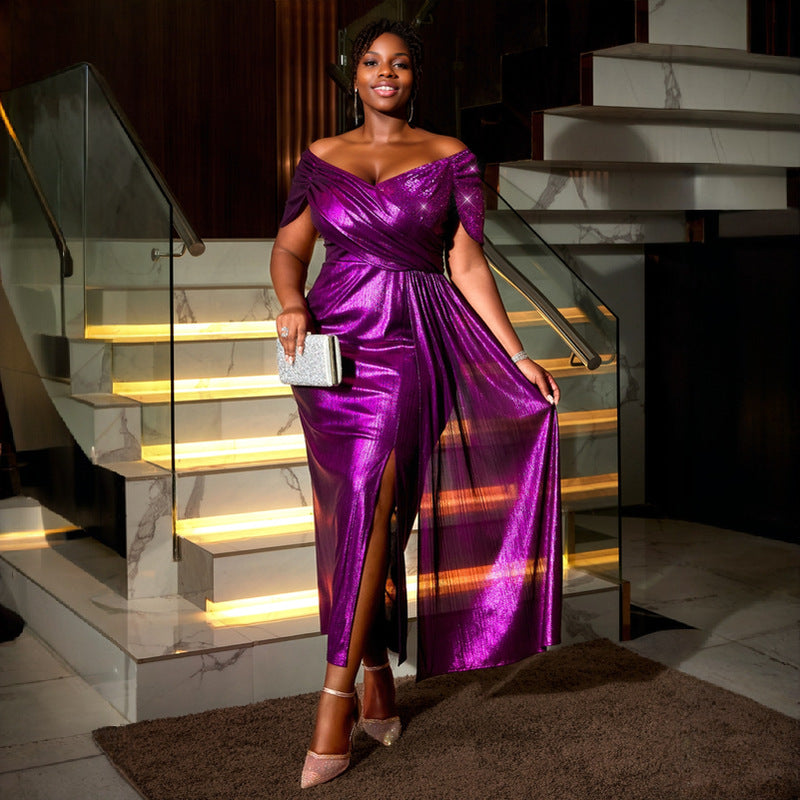 Women glamorous evening dress with shiny top and elegant draping StylebySassy
