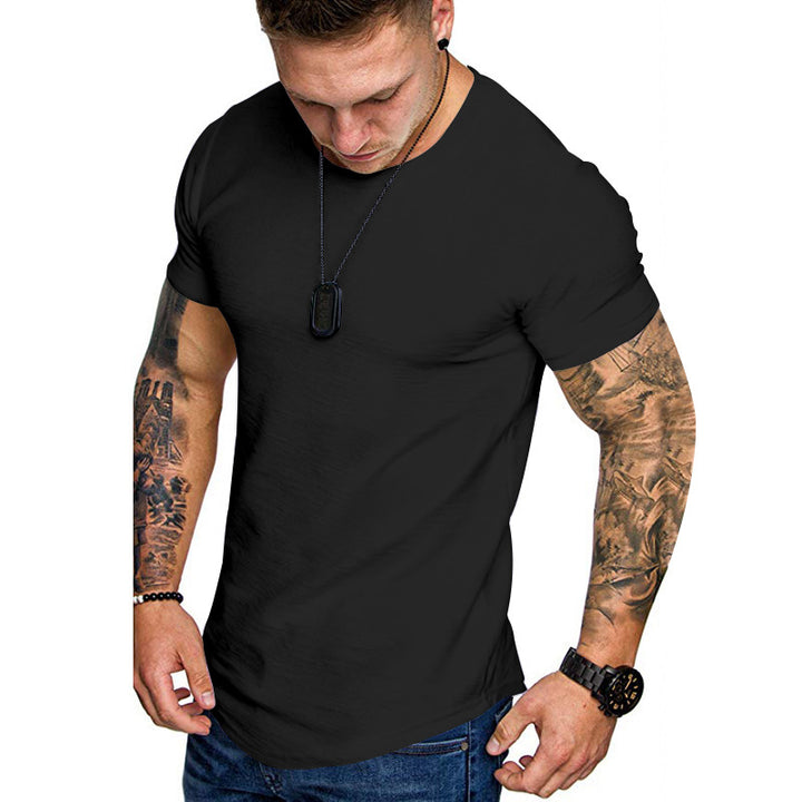 Men's figure-hugging round neck shirt with athletic cut elastic cotton-elastane mix and rounded hem StylebySassy
