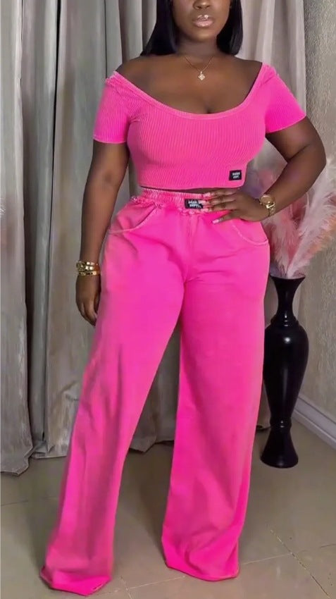 Women's off-the-shoulder ribbed crop top with wide-cut, high-waisted palazzo pants StylebySassy