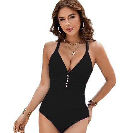 Women One-Piece Swimsuit with Deep V-Neck and Fashionable Button Details StylebySassy