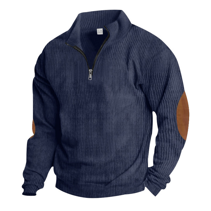 Men's knitted fine knit pullover with short zipper stand-up collar and leather-look elbow patches StylebySassy