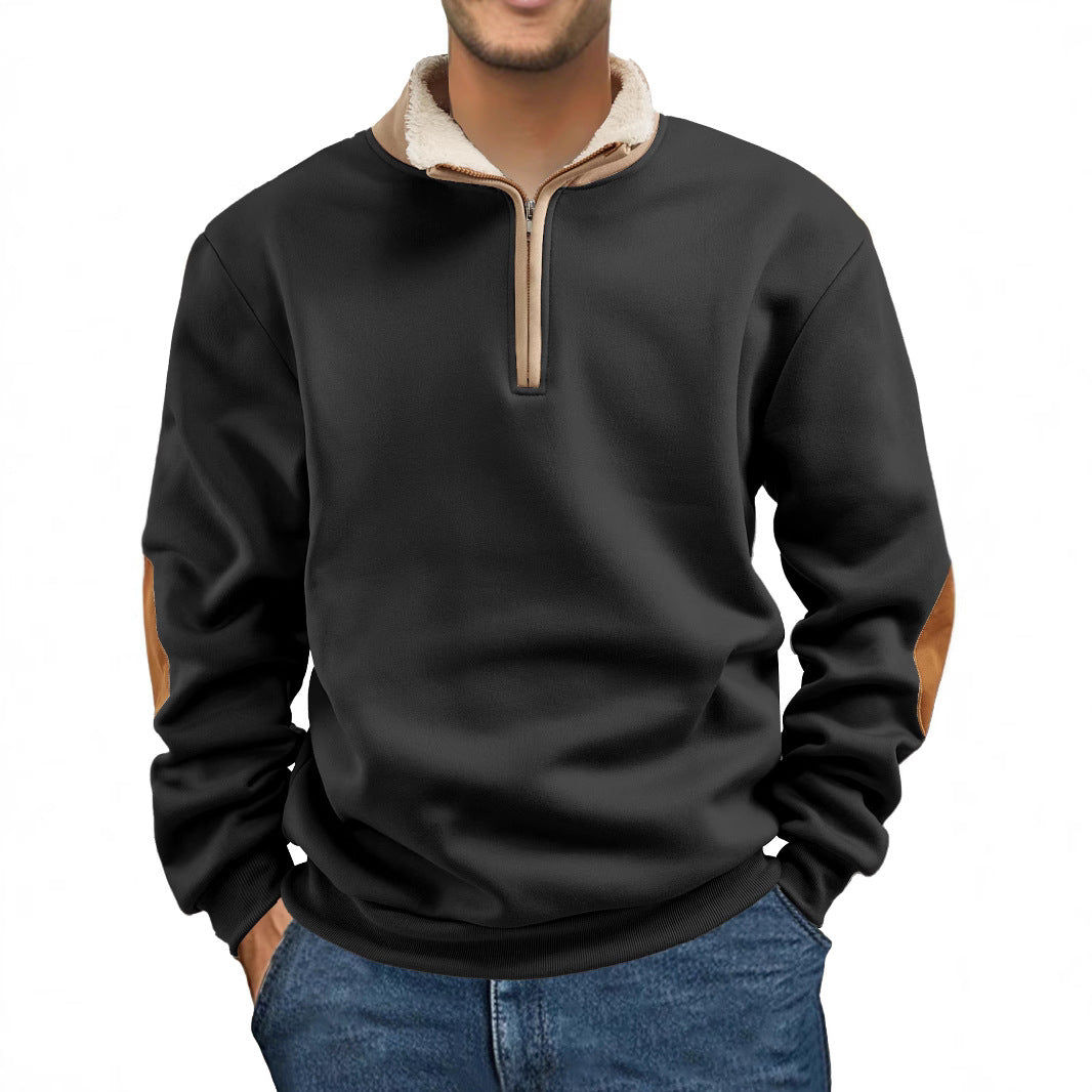 Men Nan Fleece Half-Zip Pullover with Sherpa Collar and Elbow Patches StylebySassy