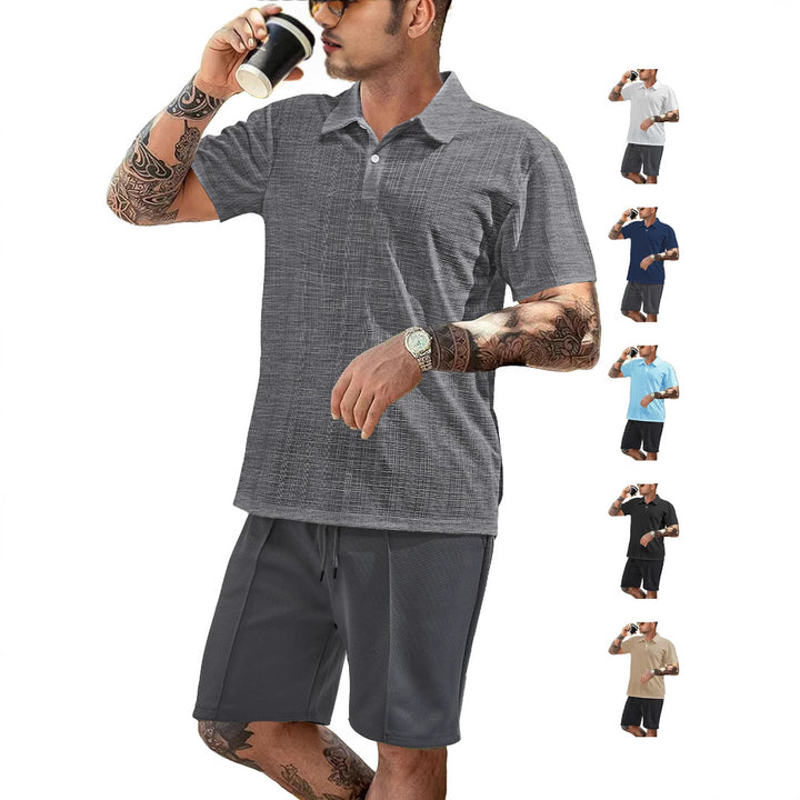 Men's two-piece summer travel set with textured short-sleeve polo shirt and functional mesh shorts StylebySassy