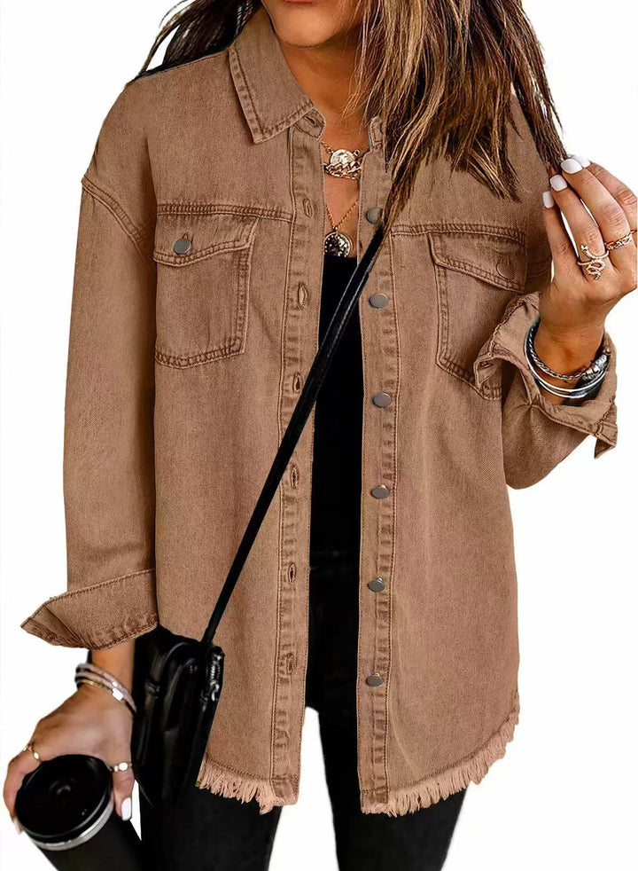 Women's Collared Button Front Jacket with Frayed Hem