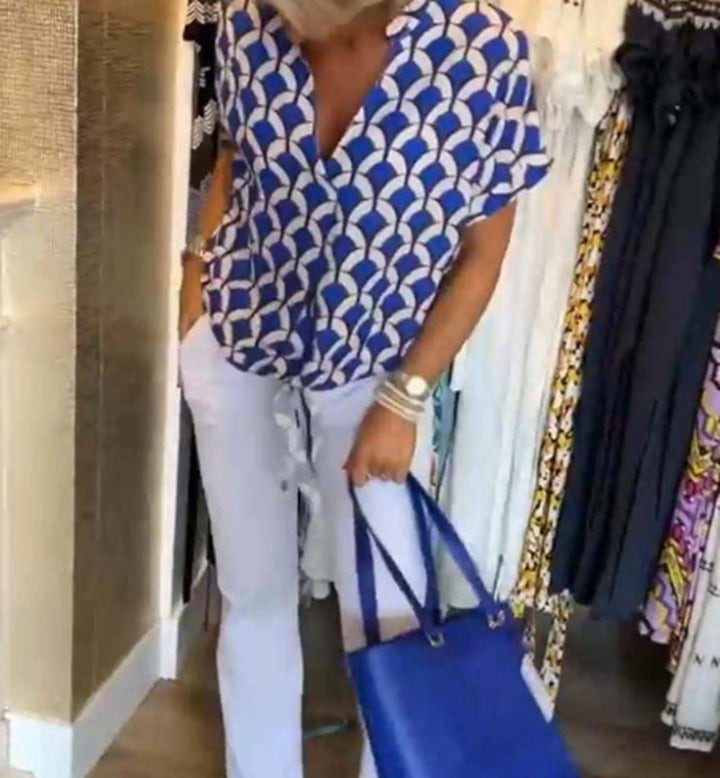 Women’s short-sleeved geometric blouse shirt with knot waistband and stand-up collar StylebySassy