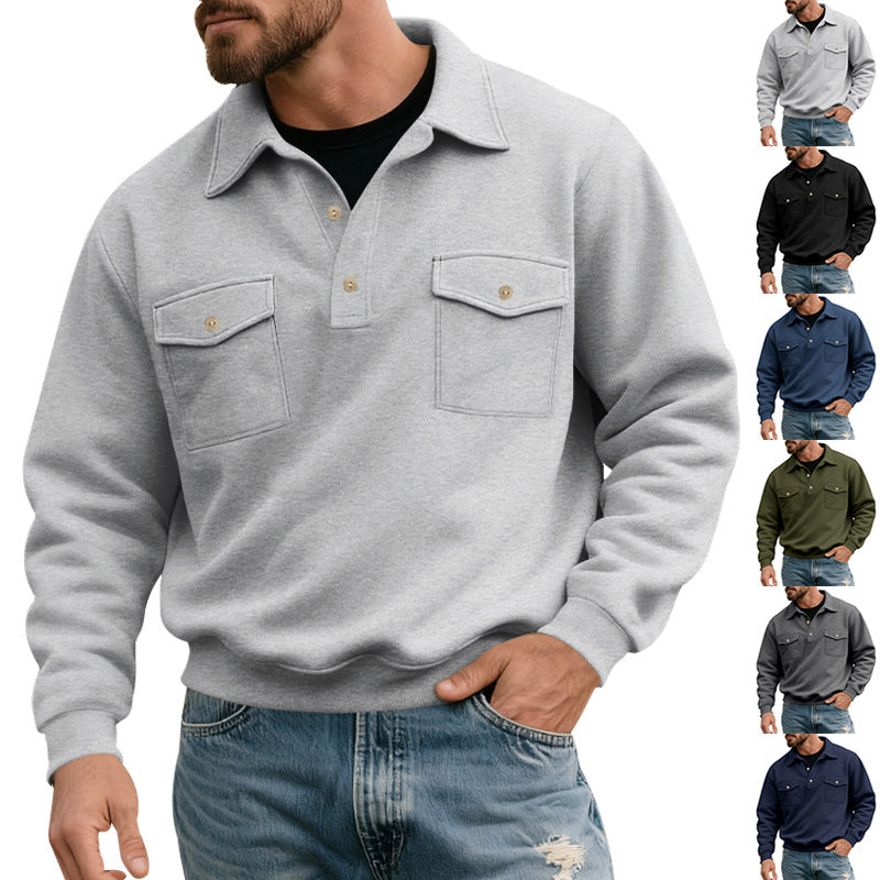 Men's polo collar sweatshirt with patch chest pockets and ribbed cuffs StylebySassy