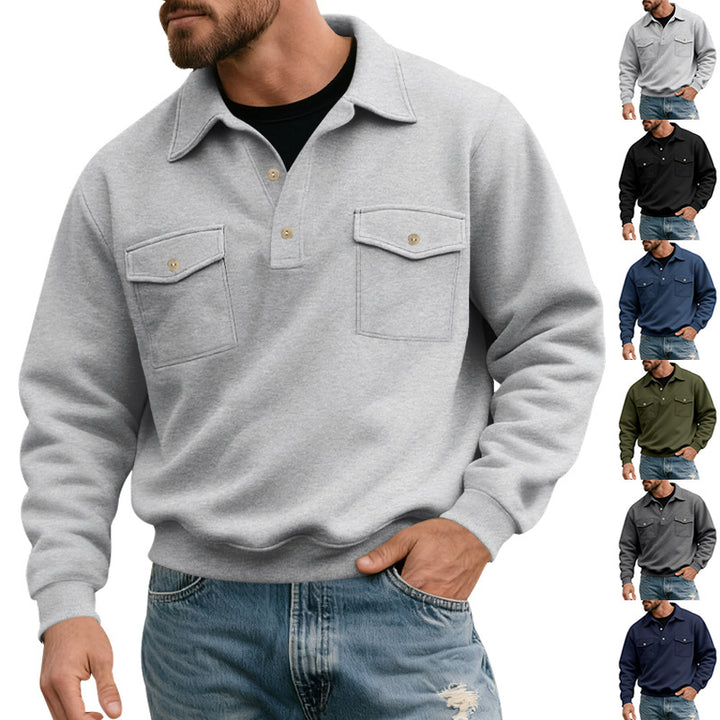 Men's polo collar sweatshirt with patch chest pockets and ribbed cuffs StylebySassy