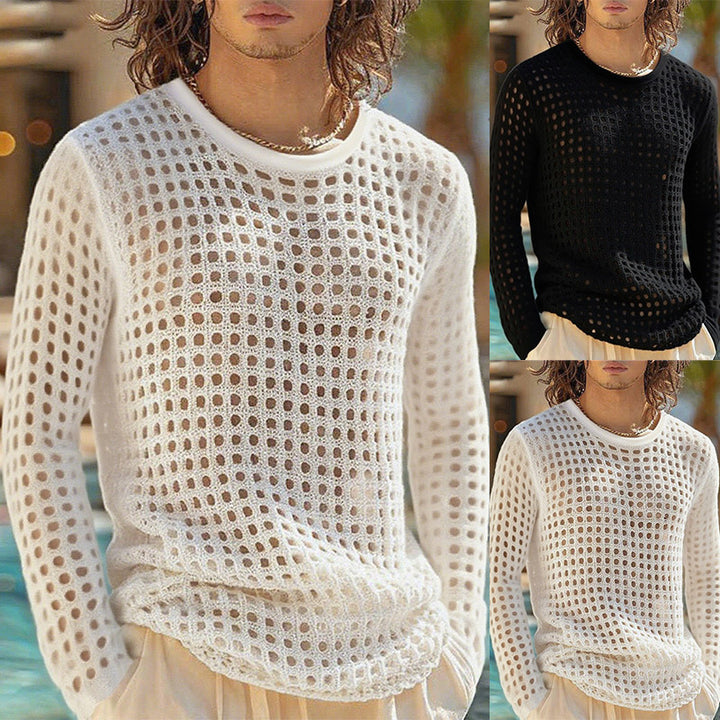 Men's airy openwork knit sweater with square mesh pattern and crew neck StylebySassy