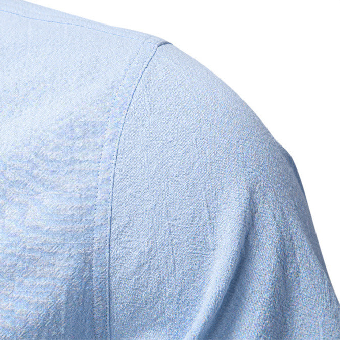 Men's casual short-sleeve shirt with stand-up collar, half button placket, and lightly textured cotton-linen quality StylebySassy