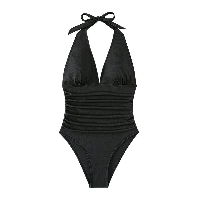 Women's one-piece swimsuit with deep V-neckline and fine ribbed texture StylebySassy